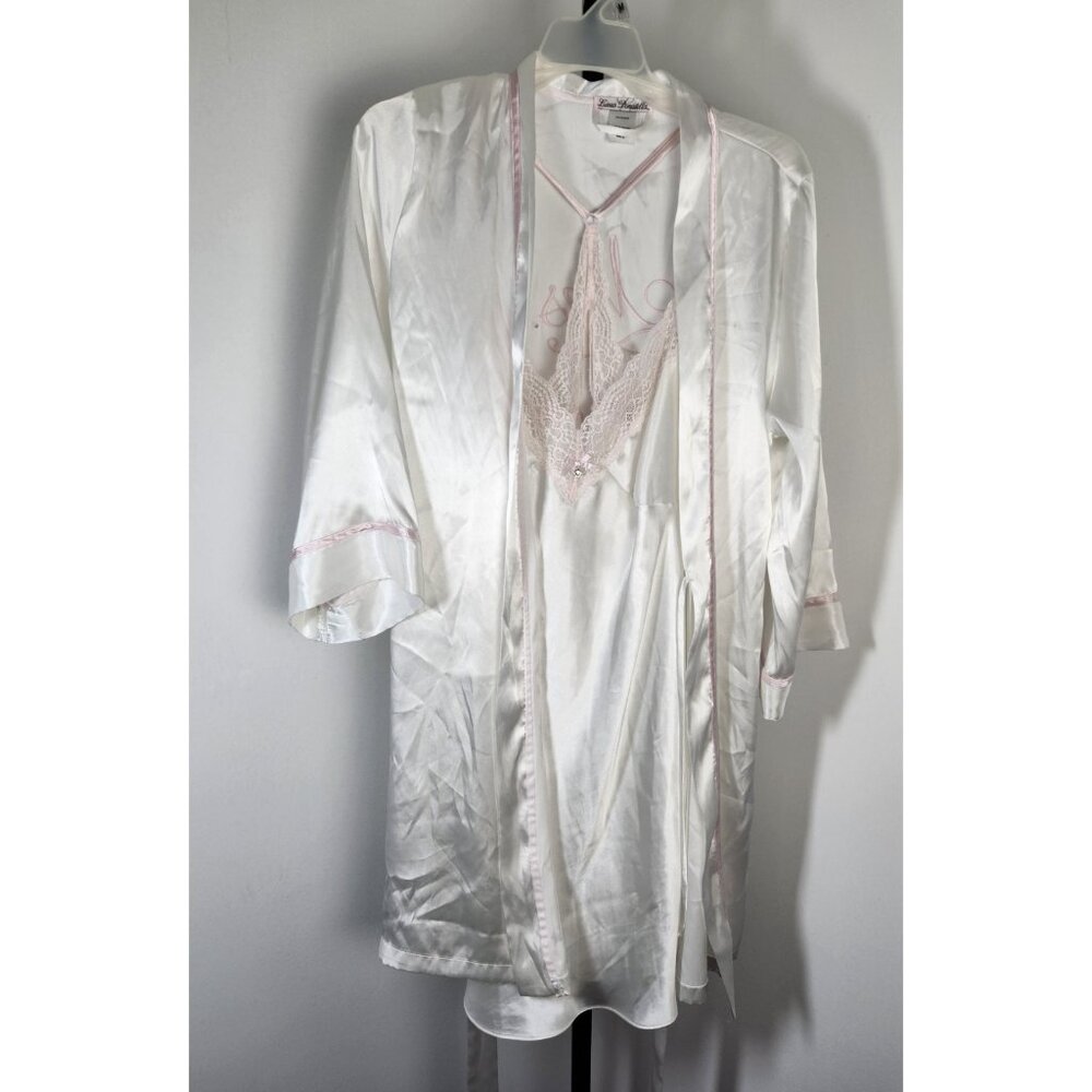 Linea Donatella Women's Ivory Wrap Robe &Belt "Mrs” Embroidered In Pink Sz M
